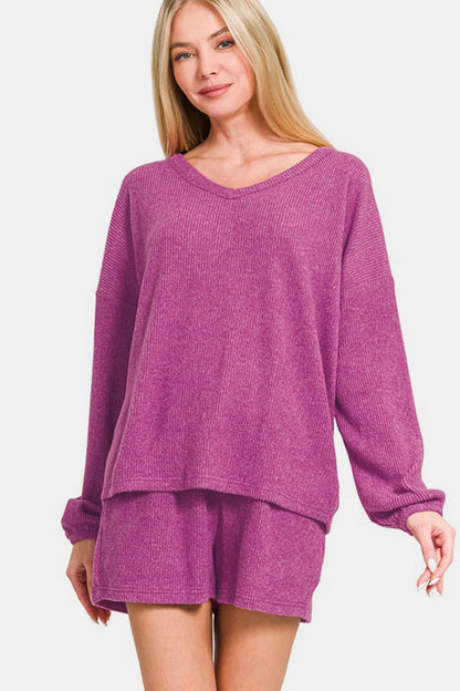 Red-Violet V-Neck Long Sleeve Ribbed Top and Shorts Set