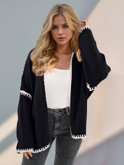 Double Take Contrast Open Front Dropped Shoulder Cardigan - Fashions Envy