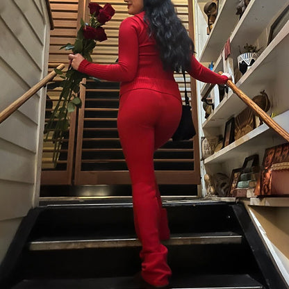 Soft Zip-up Long Sleeve Crop Sweater and Low Waist Pants Set