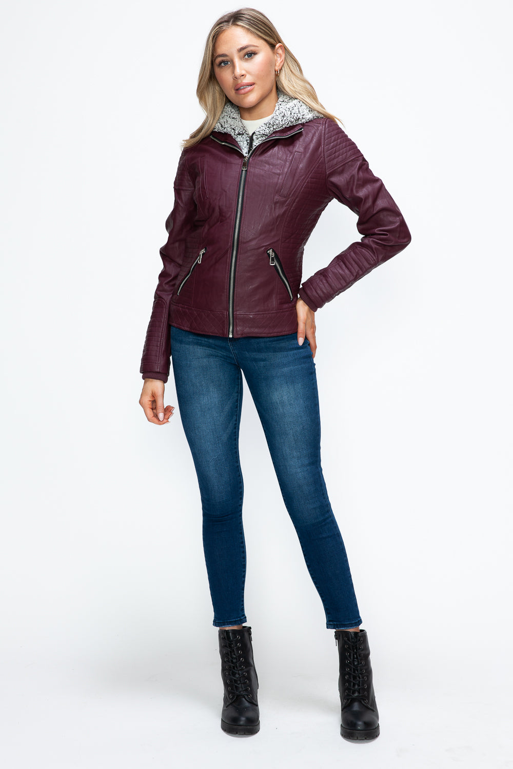 Wine Faux Layered Double-Zipper Jacket with Fuzzy Hood