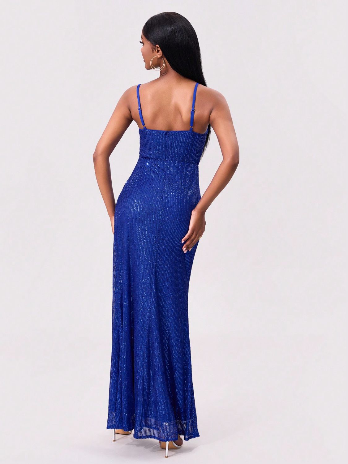 Slit Sequin Square Neck Spaghetti Strap Maxi Dress