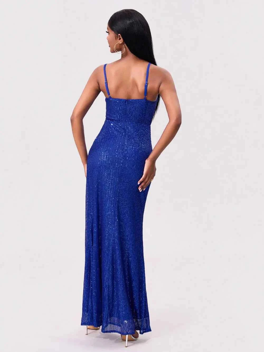 Royal Blue Sequin Maxi Dress - Square Neck Spaghetti Strap