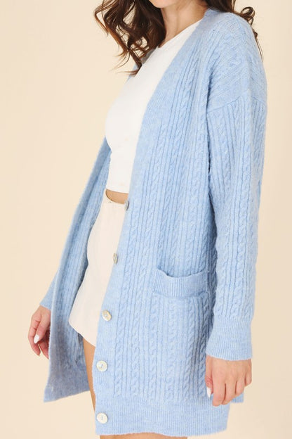 Light Blue Wool Blended Stretch Cable Knitted Cardigan