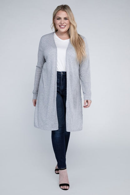 Plus Open Front Side Slit Everyday Long Cardigan