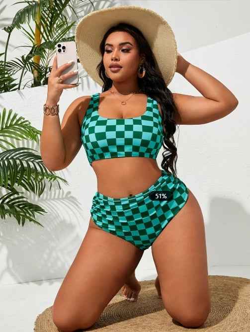 Plus Size Checkered Bikini - Full Coverage Square Neck