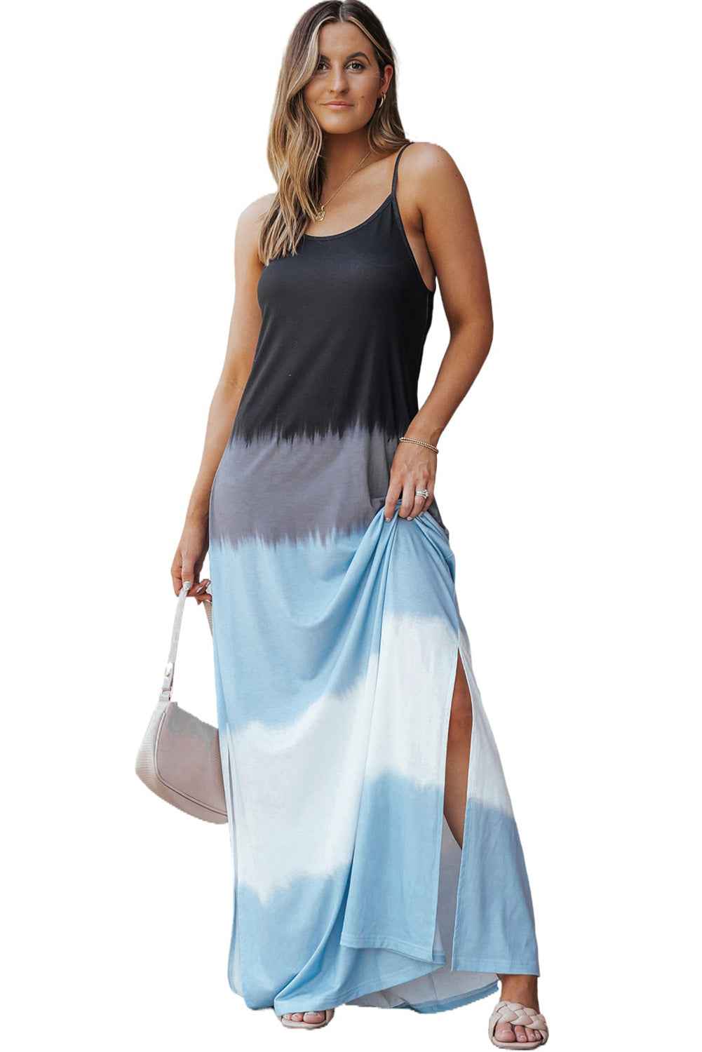 Tie Dye Maxi Dress - Sky Blue Strappy Back Slit