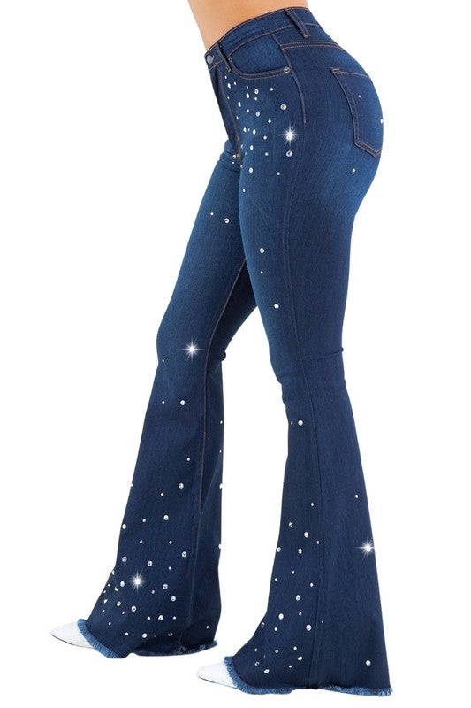 Vegas Glam Bell Bottom High Stretch Dark Jeans 30" Inseam