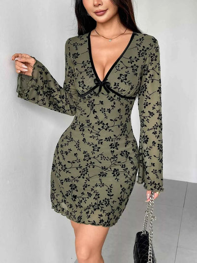 Flare Sleeve Mini Dress - Floral Print V-Neck