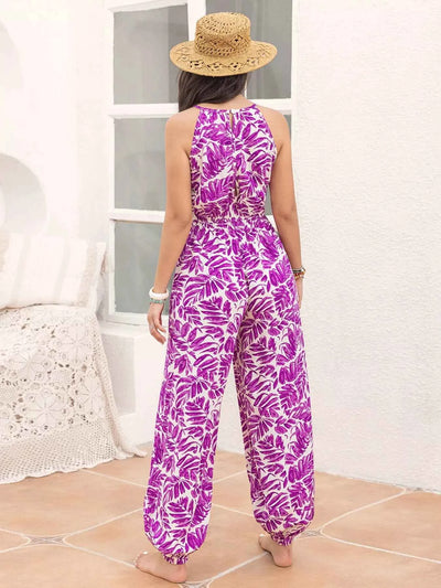 Leaf Print Sleeveless Jumpsuit