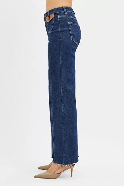 RISEN Wide Flare Jeans - High Rise Leather Pocket Detail - Fashions Envy