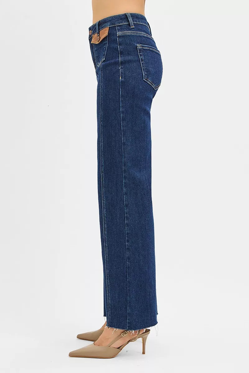 RISEN Wide Flare Jeans - High Rise Leather Pocket Detail - Fashions Envy