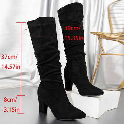 Chunky Heel Pointed Toe Boots - Suede High Shaft