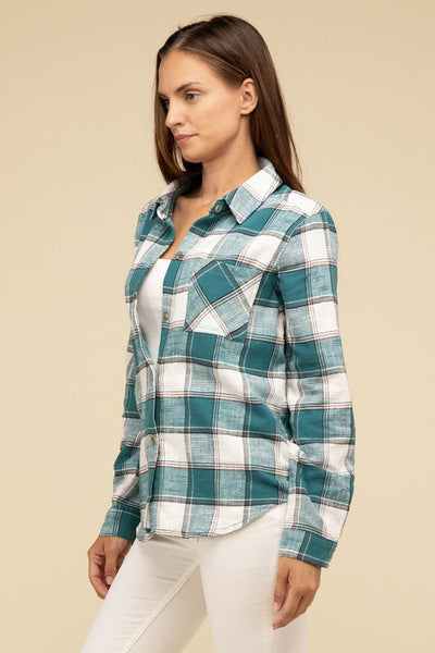 Cotton Plaid Shacket With Front Pocket - Fashions Envy