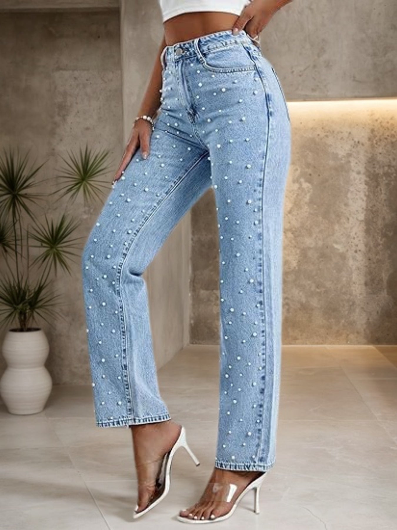 Washed Denim Straight Leg Pants - Nail Bead Detail - Fashions Envy