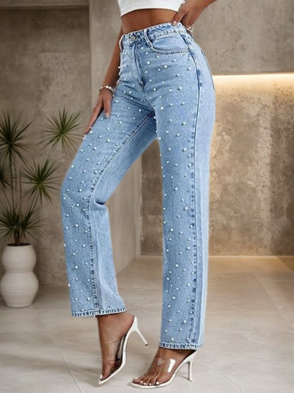 Washed Denim Straight Leg Pants - Nail Bead Detail - Fashions Envy