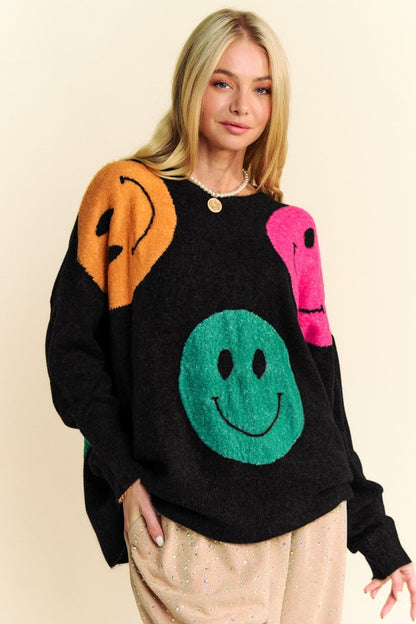 Black Contrast Smile Round Neck Oversize Sweater