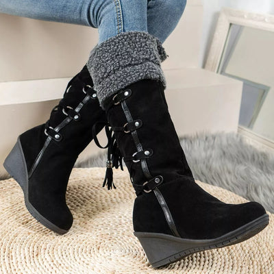 Suede Wedge Boots with Fur Cuff - Fashions Envy