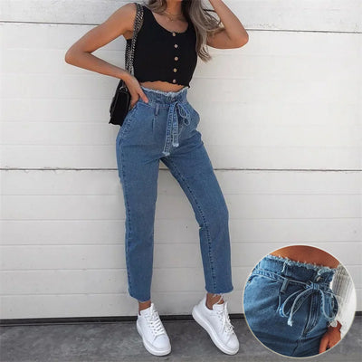 High Waisted Washed Pencil Jeans - Plus Size Denim Pants