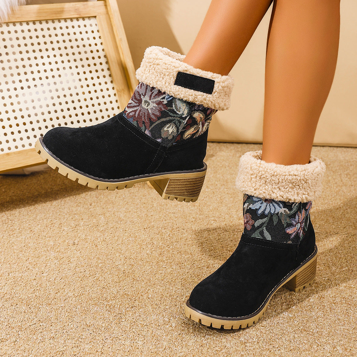 Embroidered Snow Boots - Ethnic Platform Square Heel