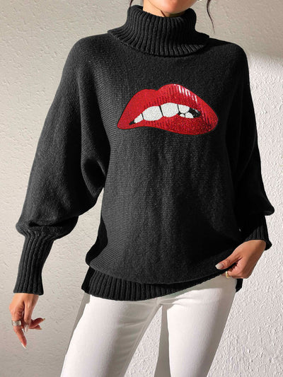 Lip Turtleneck Long Sleeve Sweater - Fashions Envy