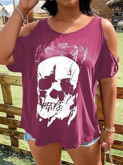 Plus Size Skeleton Graphic Round Neck Cold Shoulder T-Shirt - Halloween Top - Fashions Envy