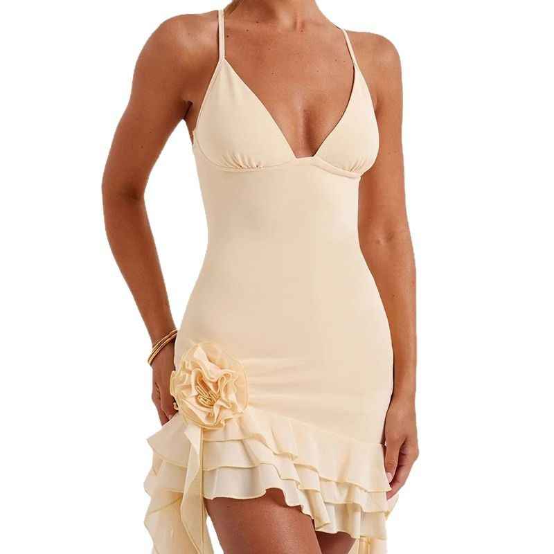 Three-dimensional Flower Mini Dress - Sleeveless Halter Neck
