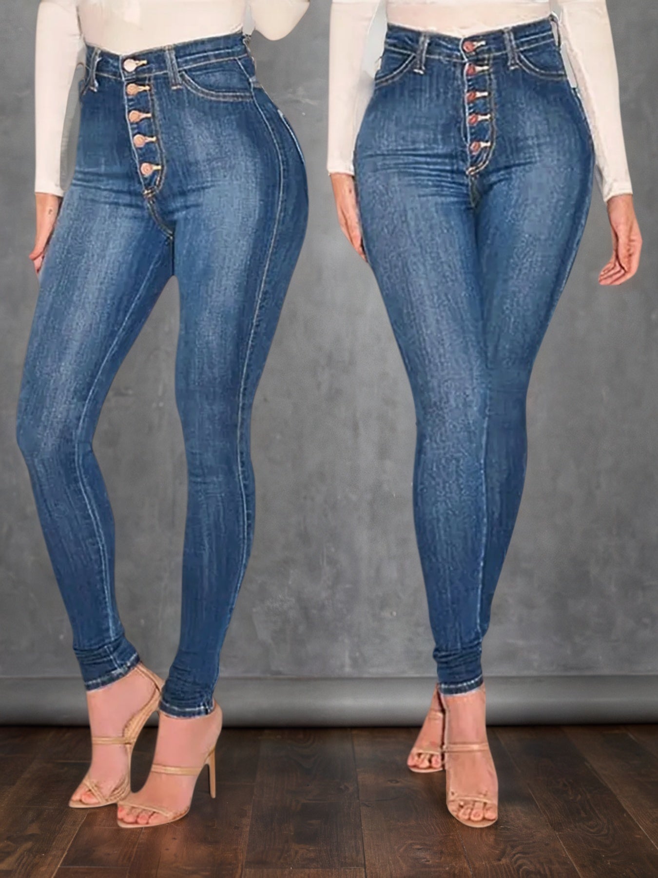 High Waisted Buckle Jeans - Mid Blue Fashion Style - Fashions Envy