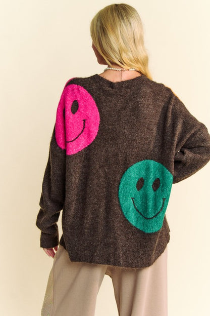 Dark Brown Contrast Smile Round Neck Oversize Sweater