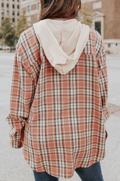 Drawstring Plaid Hooded Long Sleeve Shirt