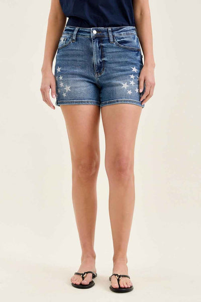 Star Splatter Denim Shorts - Judy Blue High Rise Slim Fit