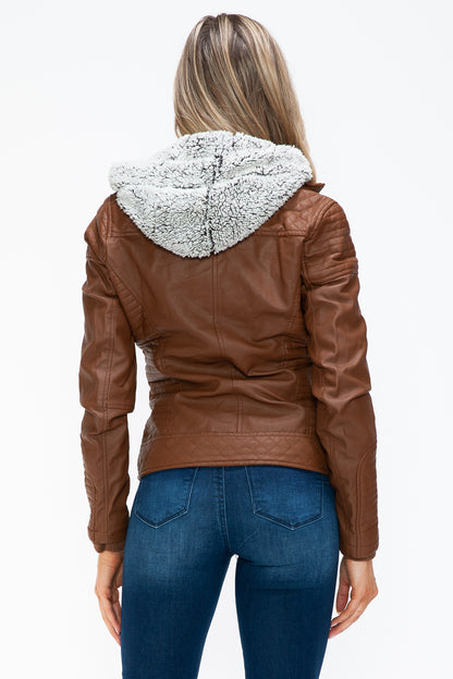 Rust Faux Layered Double-Zipper Jacket with Fuzzy Hood