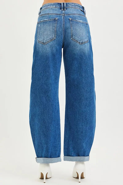 RISEN Barrel Jeans Women - Mid Rise Double Roll Cuff - Fashions Envy