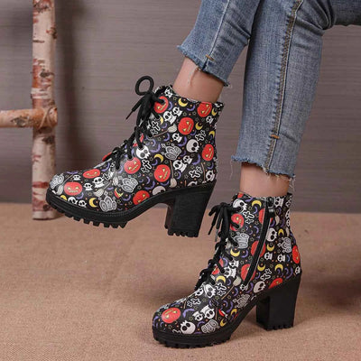Skull Print Chunky Heel Ankle Boots