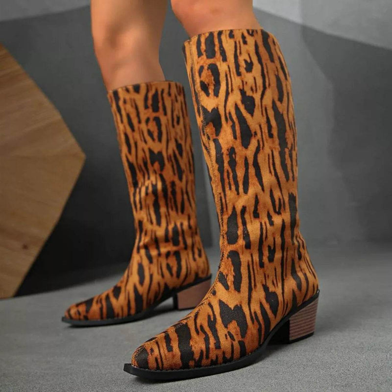 Animal Print Point Toe Low Block Heel Boots - Fashions Envy