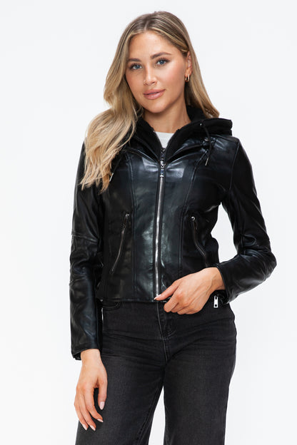 Black Faux Leather Zip Up Drawstring Hooded Jacket