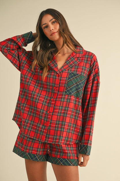 Red Contrast Plaid Long Sleeve Top and Shorts Set