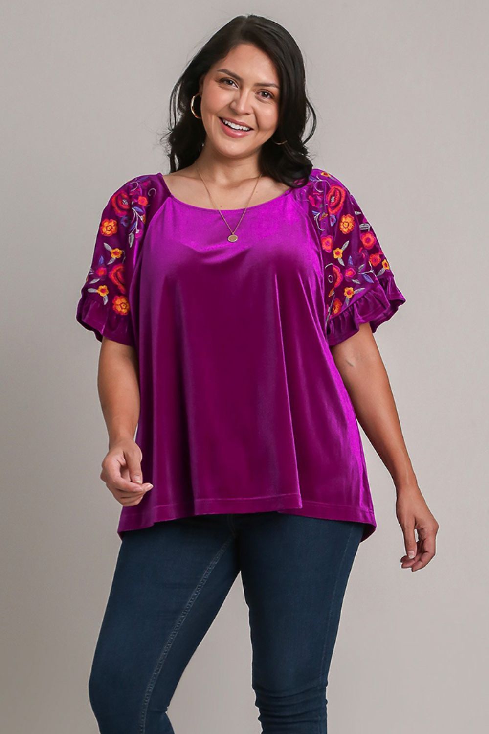 Violet Full Size Velvet Embroidery Short Sleeve Blouse