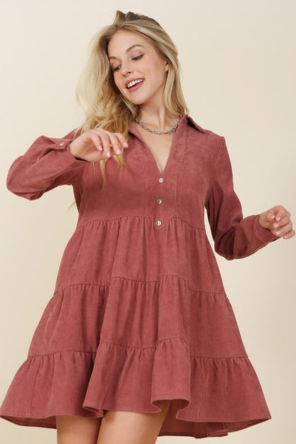 Corduroy Tiered Long Sleeve Mini Dress