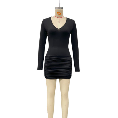 Shirred Elegance Dress - V-Neck Bodycon Mini