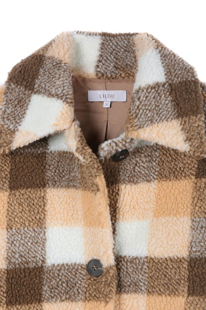 Brown Orange Plaid Check Sherpa Jacket with Pockets