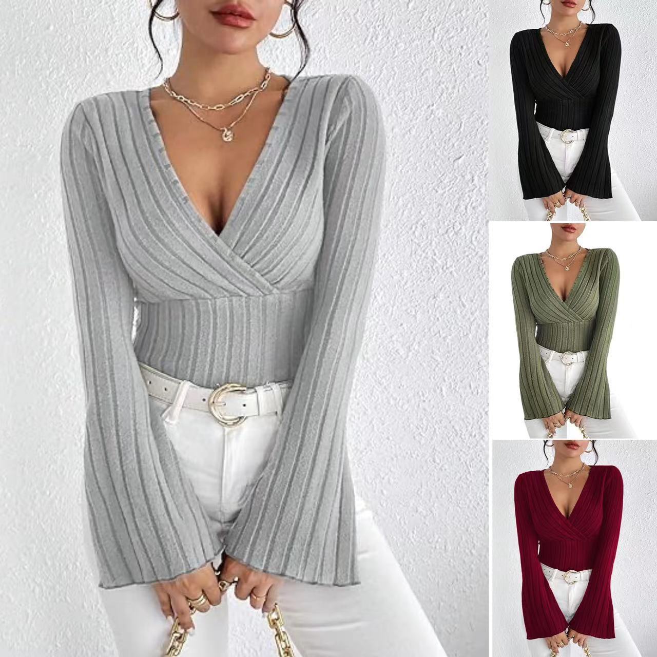 Ribbed V-Neck Top - Flared Sleeve Elegant Fit