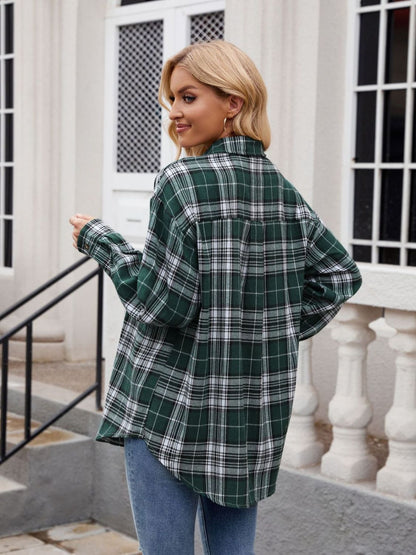 Mandy Pocketed Plaid Collared Neck Long Sleeve Shirt - Fashions Envy