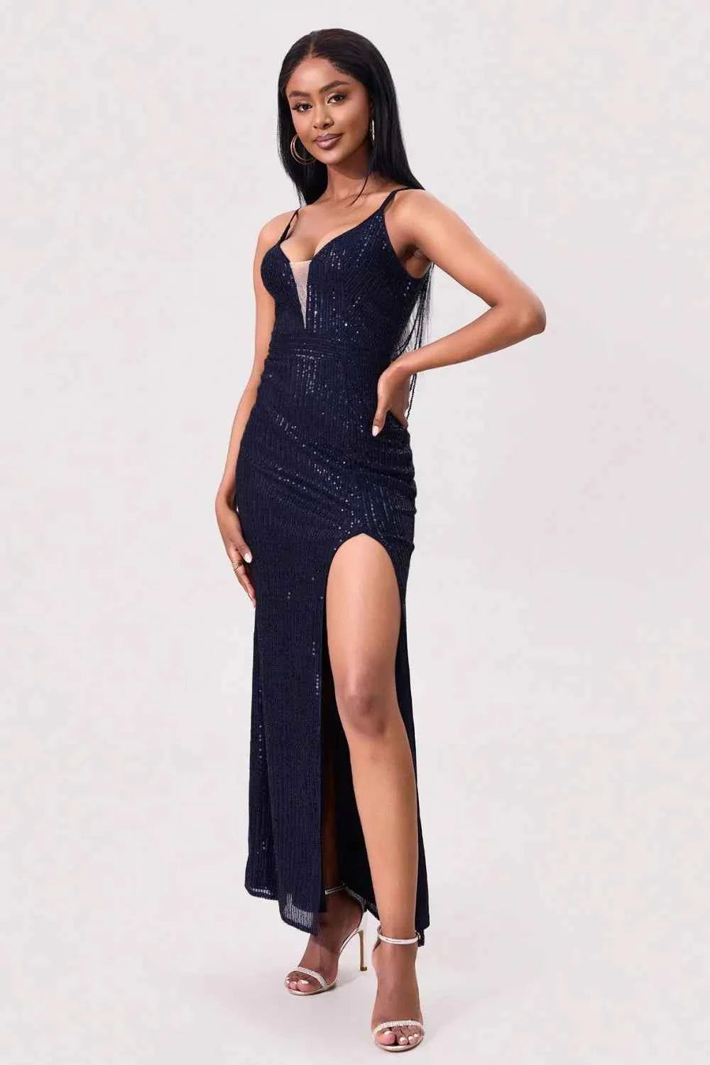 Navy Sequin Backless Maxi Dress - Spaghetti Strap High Slit