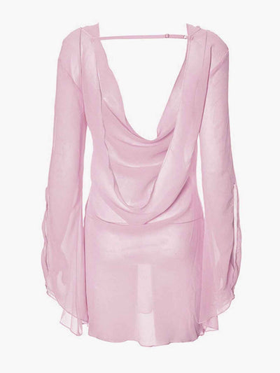 Purple Powder Sheer Mini Dress - Plunge Backless Chiffon