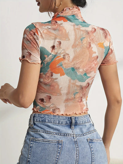 Abstract Print Ruffled Mock Neck Crop T-Shirt - Fashions Envy