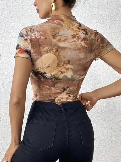 Abstract Print Ruffled Mock Neck Crop T-Shirt - Fashions Envy