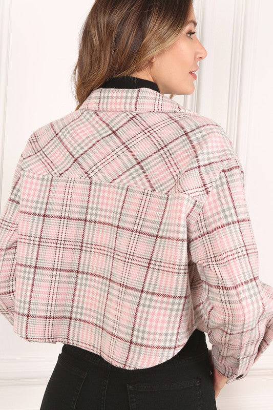 Pink Plaid Long Sleeve Cropped Jacket