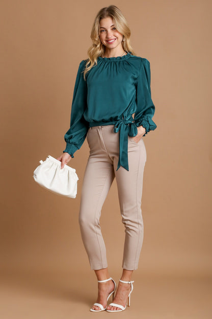 Deep Teal Frill Tied Hem Long Sleeve Blouse