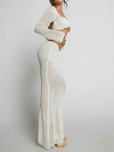 Tied Long Sleeve Top and Skirt Cover Up Set