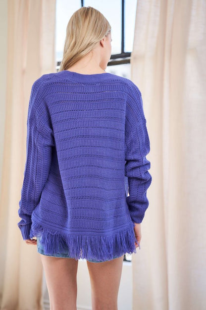 Electric Purple Fringe V-Neck Button Up Long Sleeve Cardigan